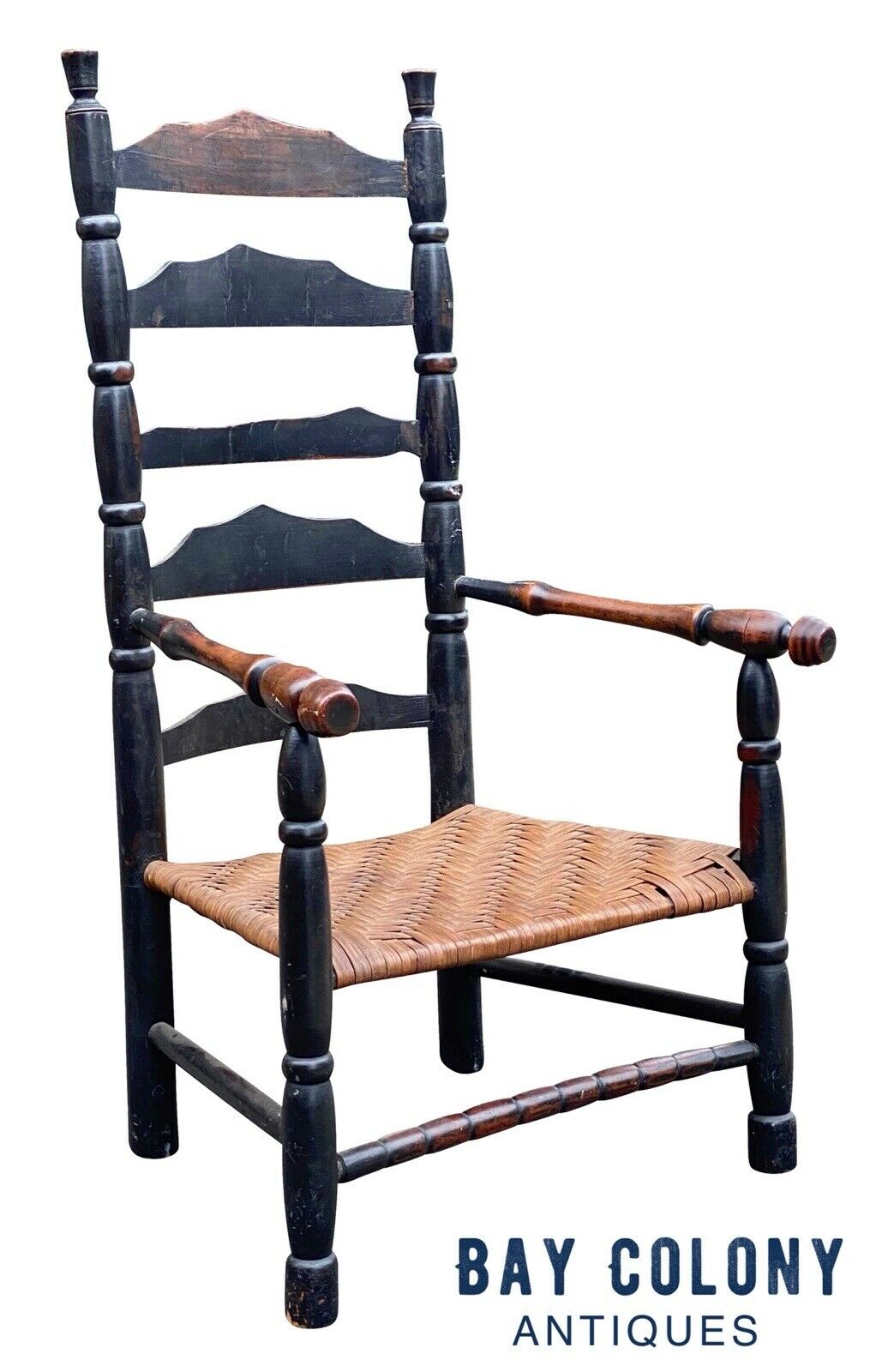 18th C Antique New England Queen Anne Black Painted Ladder Back Armchair