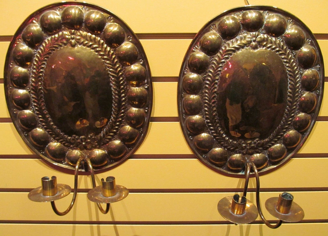 18TH CENTURY PAIR OF BRASS WALL SCONCES WITH FINE EMBOSSING