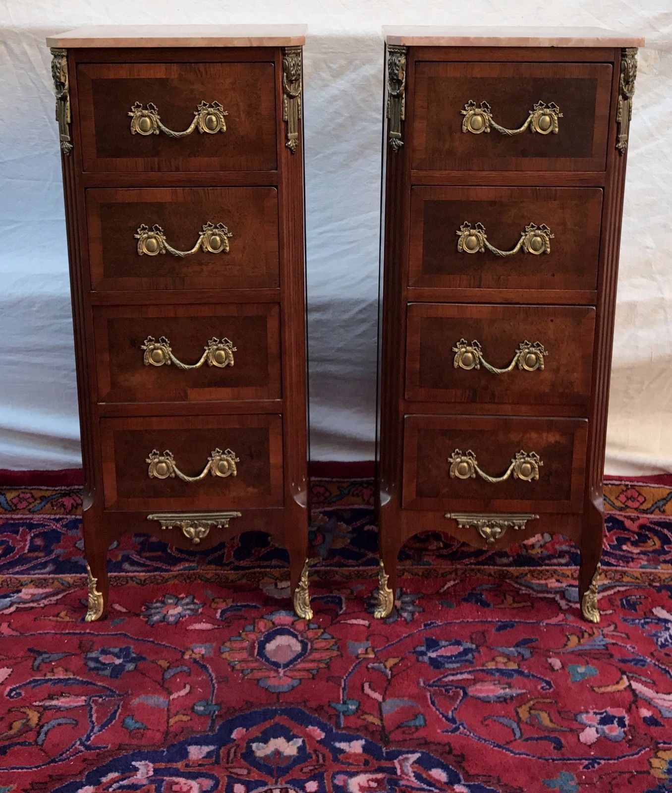 FINELY ADORNED PAIR OF FRENCH MARBLE TOPPED LINGERIE CHESTS WITH ORNAMENTATIONS