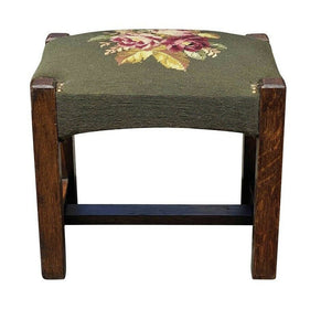 20TH C ANTIQUE ARTS & CRAFTS / MISSION OAK NEEDLEPOINT SEAT FOOTSTOOL ~ STICKLEY