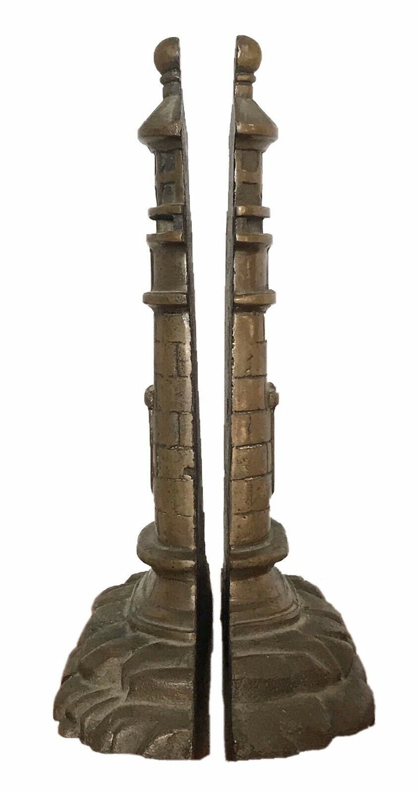 EARLY 20TH C ANTIQUE ARTS & CRAFTS BRASS LIGHTHOUSE BOOKENDS