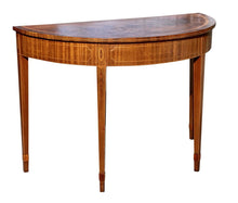 Load image into Gallery viewer, 20th C Antique Mahogany Demilune Console Table W/ Satinwood Bellflower Inlays