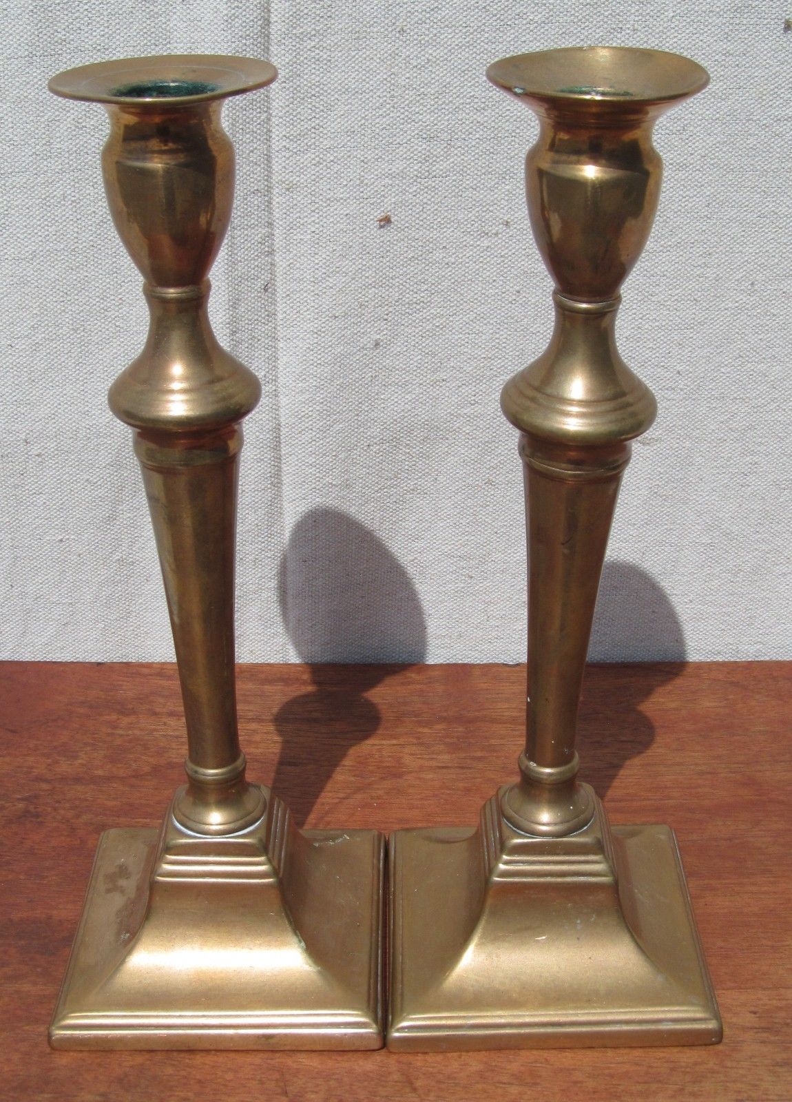 FINE 18TH CENTURY QUEEN ANNE PERIOD PAIR BRASS CANDLESTICKS