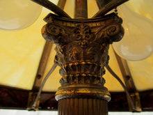 Load image into Gallery viewer, VICTORIAN EGYPTIAN REVIVAL LAMP WITH FINELY CASTED BRONZE &amp; 12 SLAG PANEL SHADE