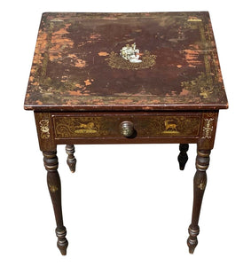 19th C Antique New England Sheraton Chinoiserie Painted Work Table / Nightstand