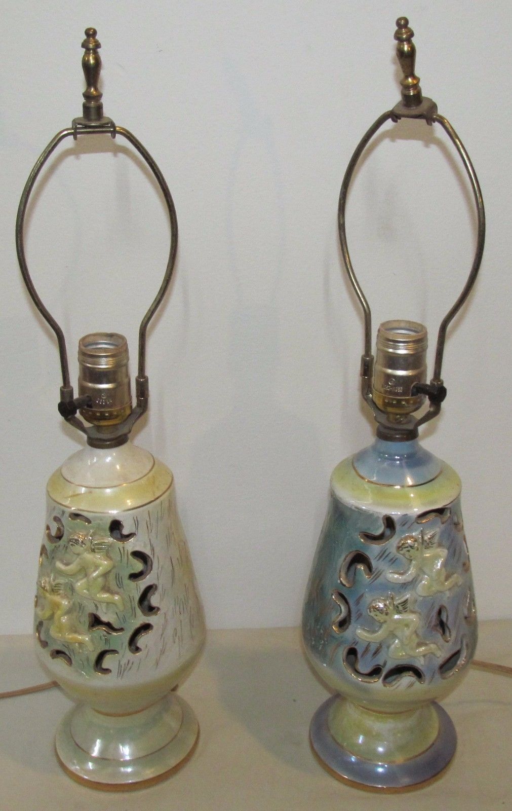 PAIR-1950' LUSTERWARE ART DECO BEDROOM LAMPS