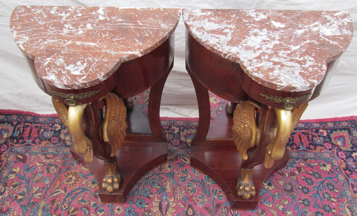 PAIR OF FRENCH NAPOLEONIC STYLED MARBLE TOP NIGHTSTANDS WITH GOLD FIGURAL SWANS