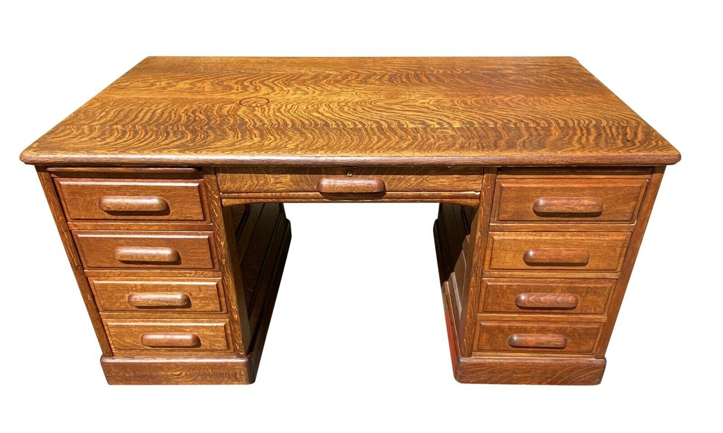 19TH C ANTIQUE VICTORIAN DOUBLE BANK 5 FOOT TIGER OAK OFFICE DESK