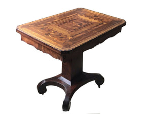 19TH C ANTIQUE SOUTHERN MAHOGANY & WALNUT VARIEGATED INLAY GAME TABLE / CONSOLE
