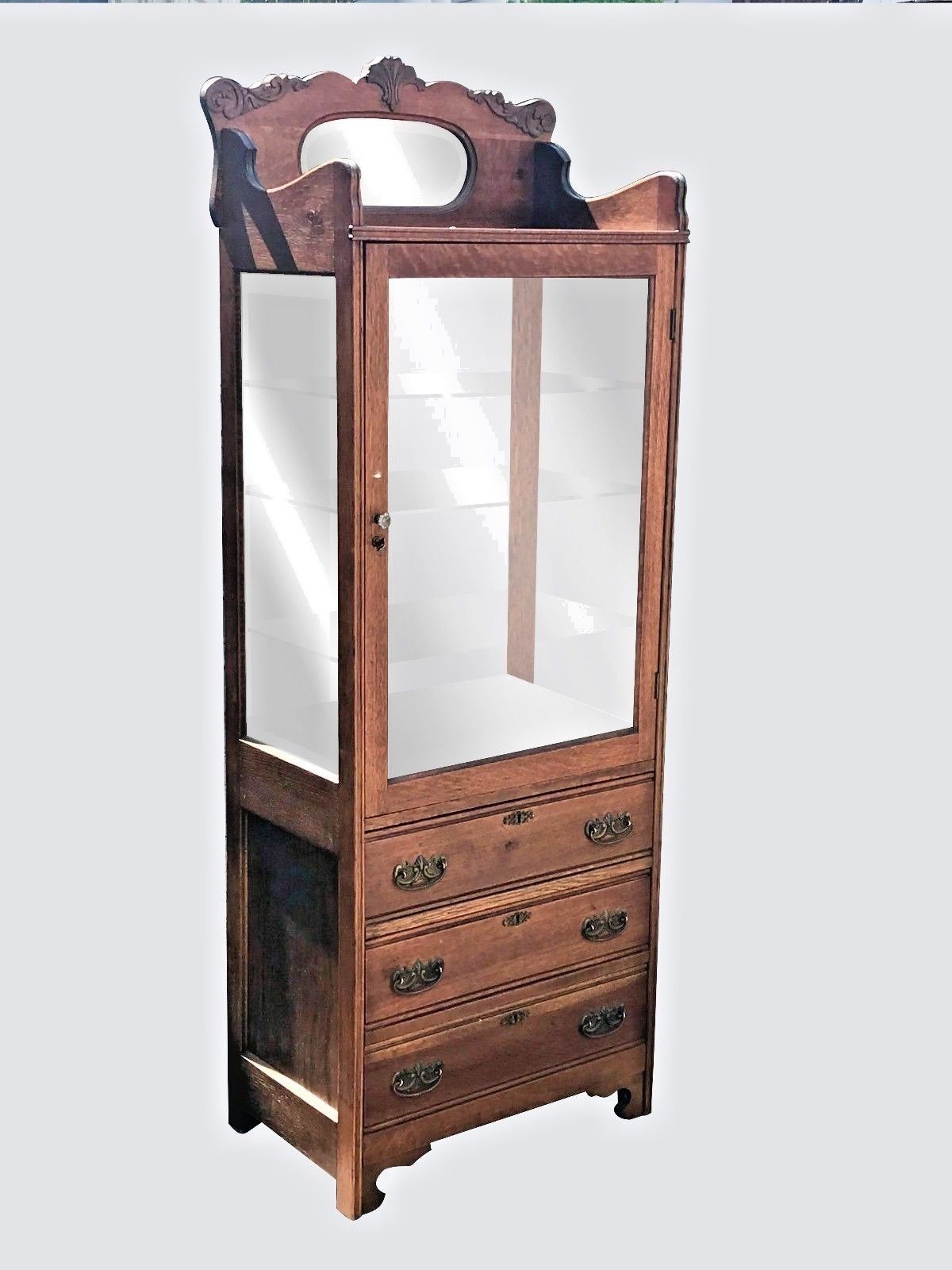 19TH C VICTORIAN TIGER OAK MEDICAL / PHYSICIANS CABINET W/ MIRRORED BOTTOM