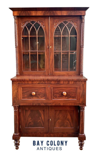 19th C Antique Classical Mahogany Philadelphia Quervelle Butlers Desk / Bookcase