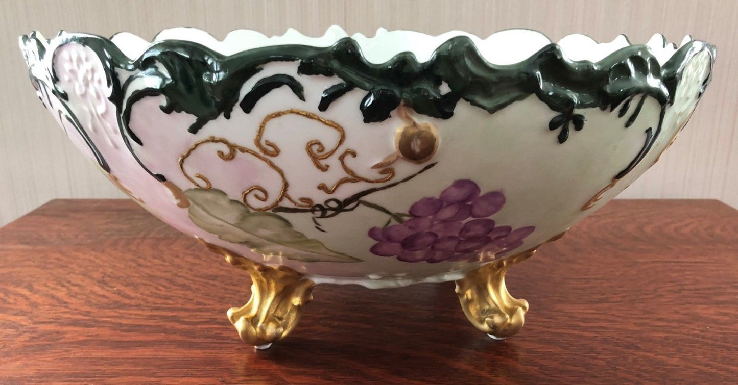 LIMOGES PUNCH BOWL ON GOLD GILT FOLIATE TRI POD FOOTED BASE