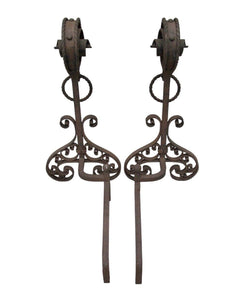 Monumental Antique Arts & Crafts Wrought Iron Andirons - 30” Tall