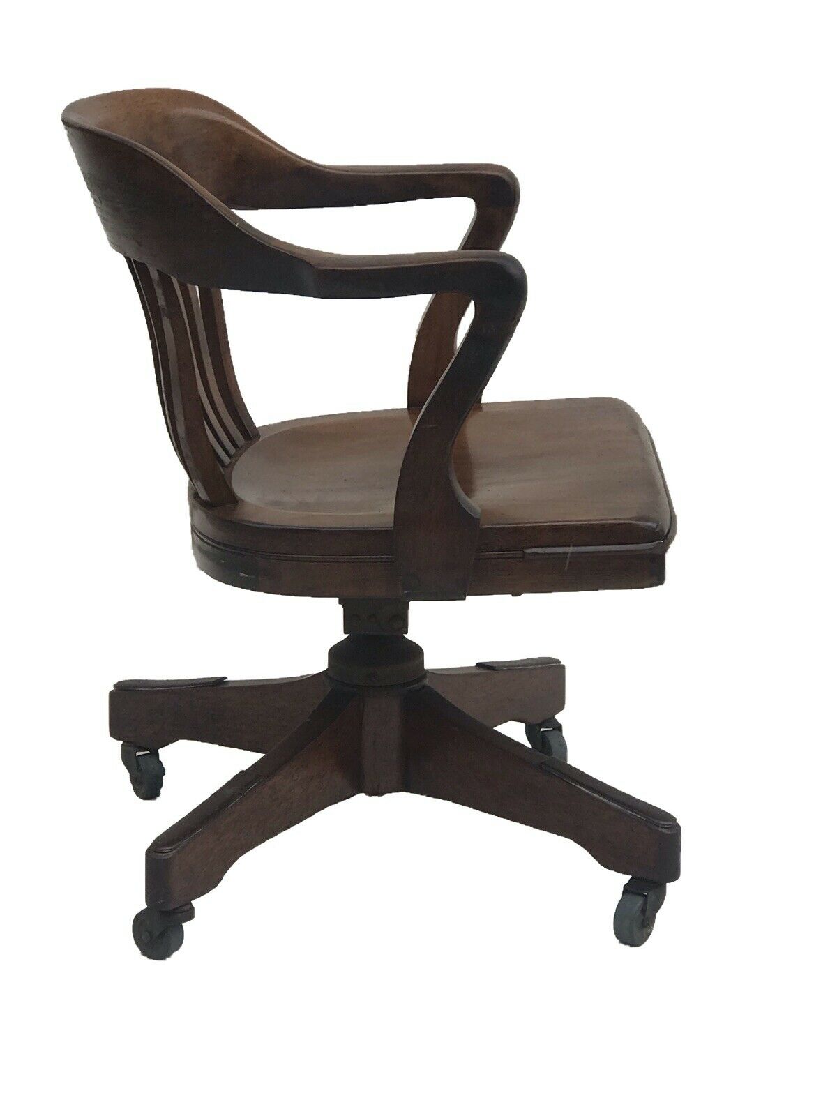 ANTIQUE WALNUT BANK OF ENGLAND OFFICE DESK SWIVEL ARM CHAIR BY TAYLOR CHAIR CO.