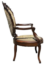 Load image into Gallery viewer, 19TH C ANTIQUE VICTORIAN ARMCHAIR W/ CARVED CREST &amp; NEEDLEPOINT SEAT