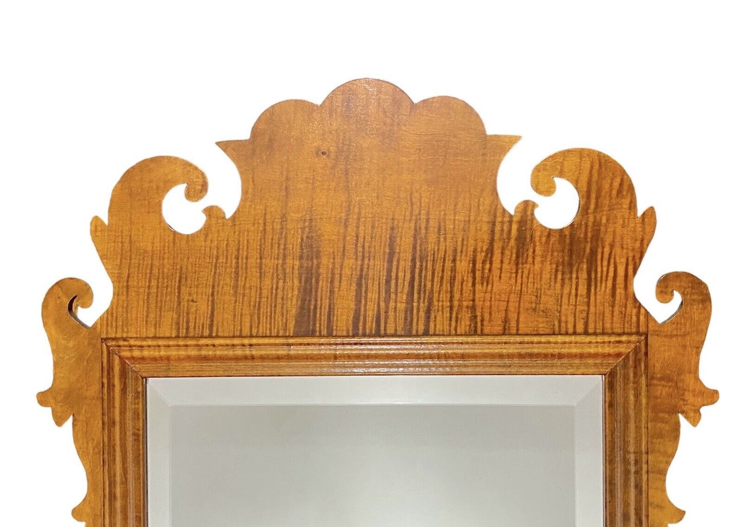 Chippendale Style Tiger Maple Mirror with Beveled Glass