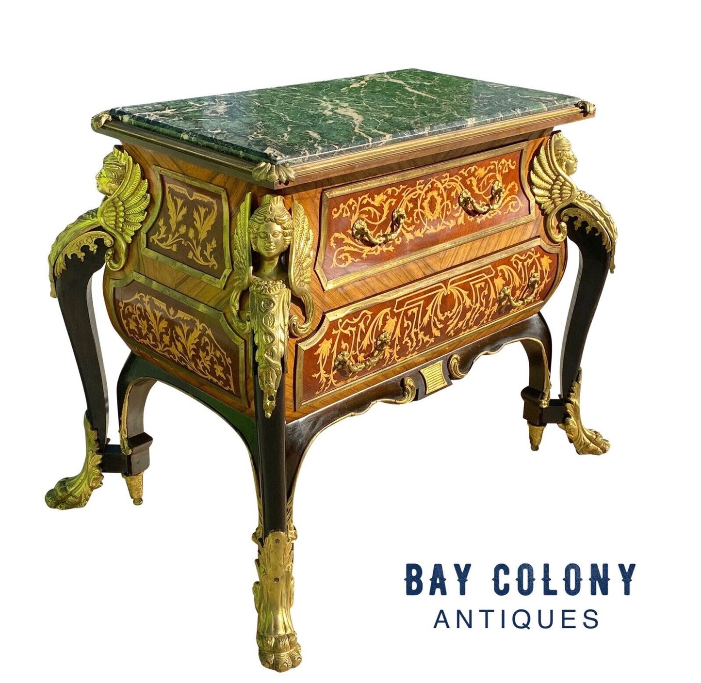 French Louis Xiv Style Walnut Marble Top Bombe Commode With Fire Gilded Accents