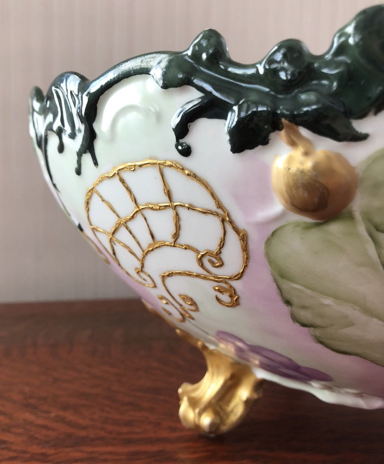 LIMOGES PUNCH BOWL ON GOLD GILT FOLIATE TRI POD FOOTED BASE