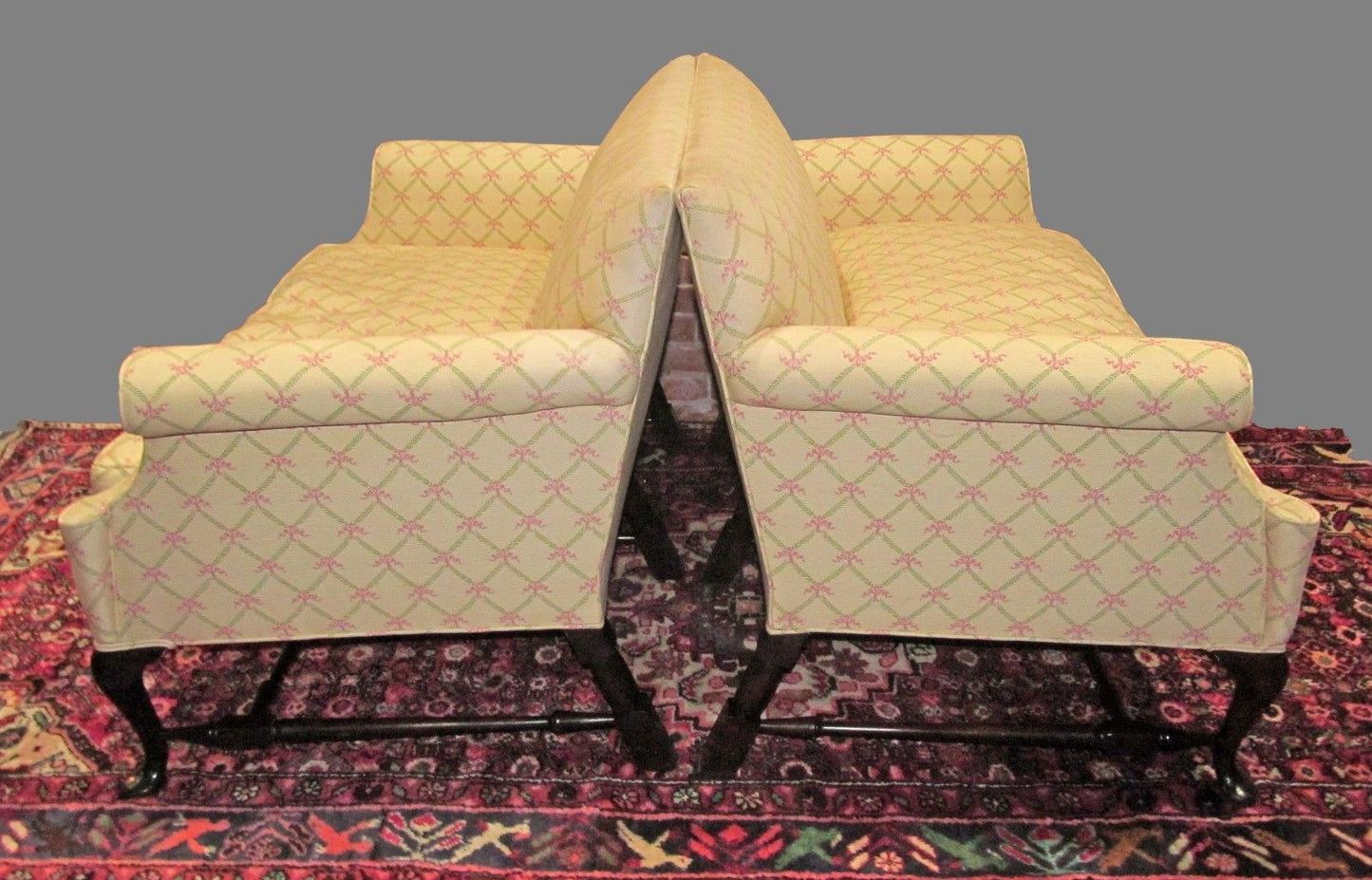 PAIR-QUEEN ANNE STYLED SETTEES ON FINELY FORMED STRETCHER BASES & PAD FEET