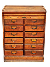 Load image into Gallery viewer, 19TH C ANTIQUE TIGER OAK GLOBE 12 DRAWER TAMBOUR OFFICE FILE CABINET