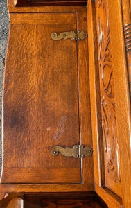 19TH C ANTIQUE VICTORIAN TIGER OAK MIRRORED HALL TREE / LIFT TOP BENCH