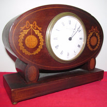 Load image into Gallery viewer, FINELY INLAID ANTIQUE EDWARDIAN MAHOGANY DESK CLOCK BY H. L. BROWN ENGLAND
