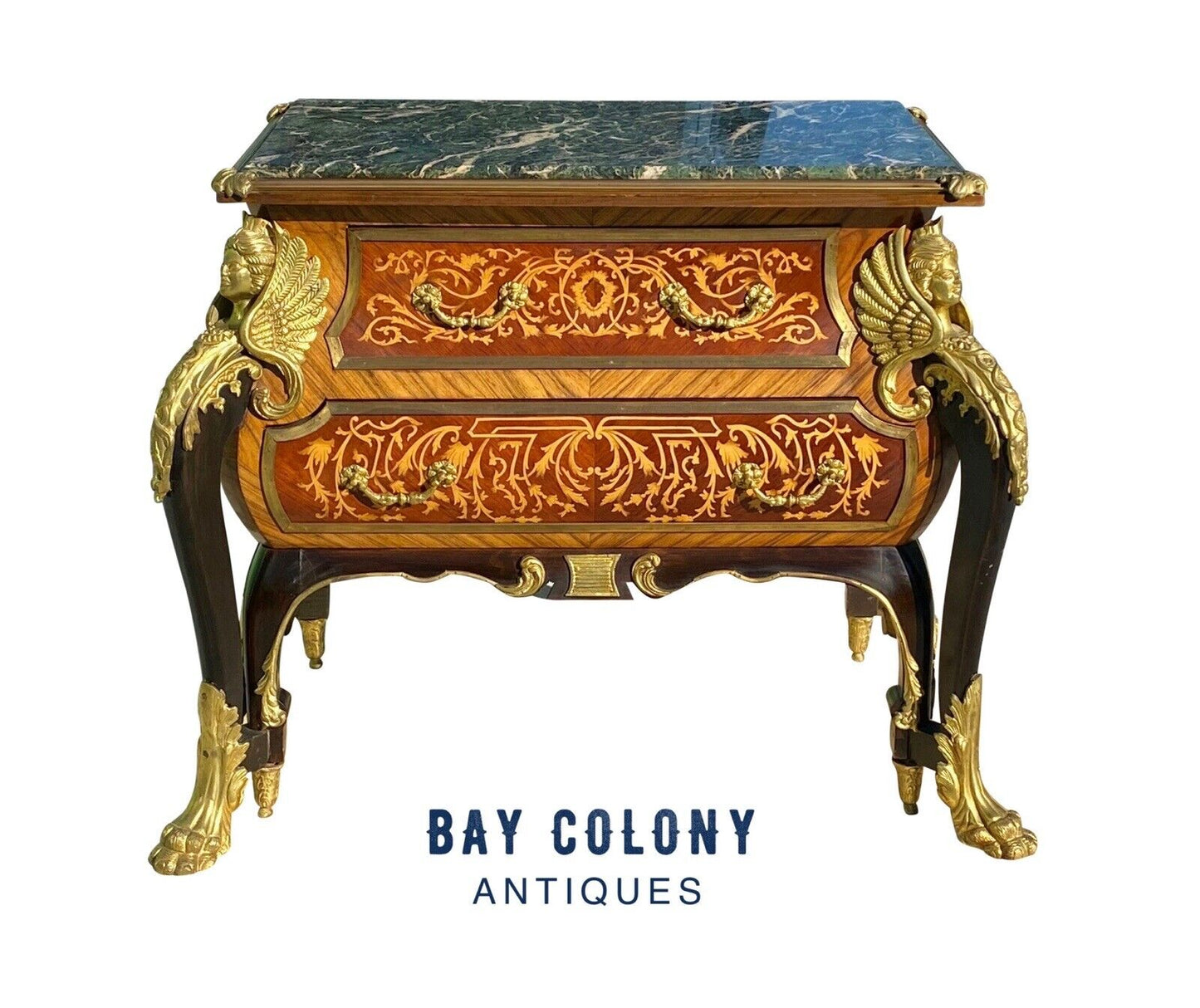 French Louis Xiv Style Walnut Marble Top Bombe Commode With Fire Gilded Accents