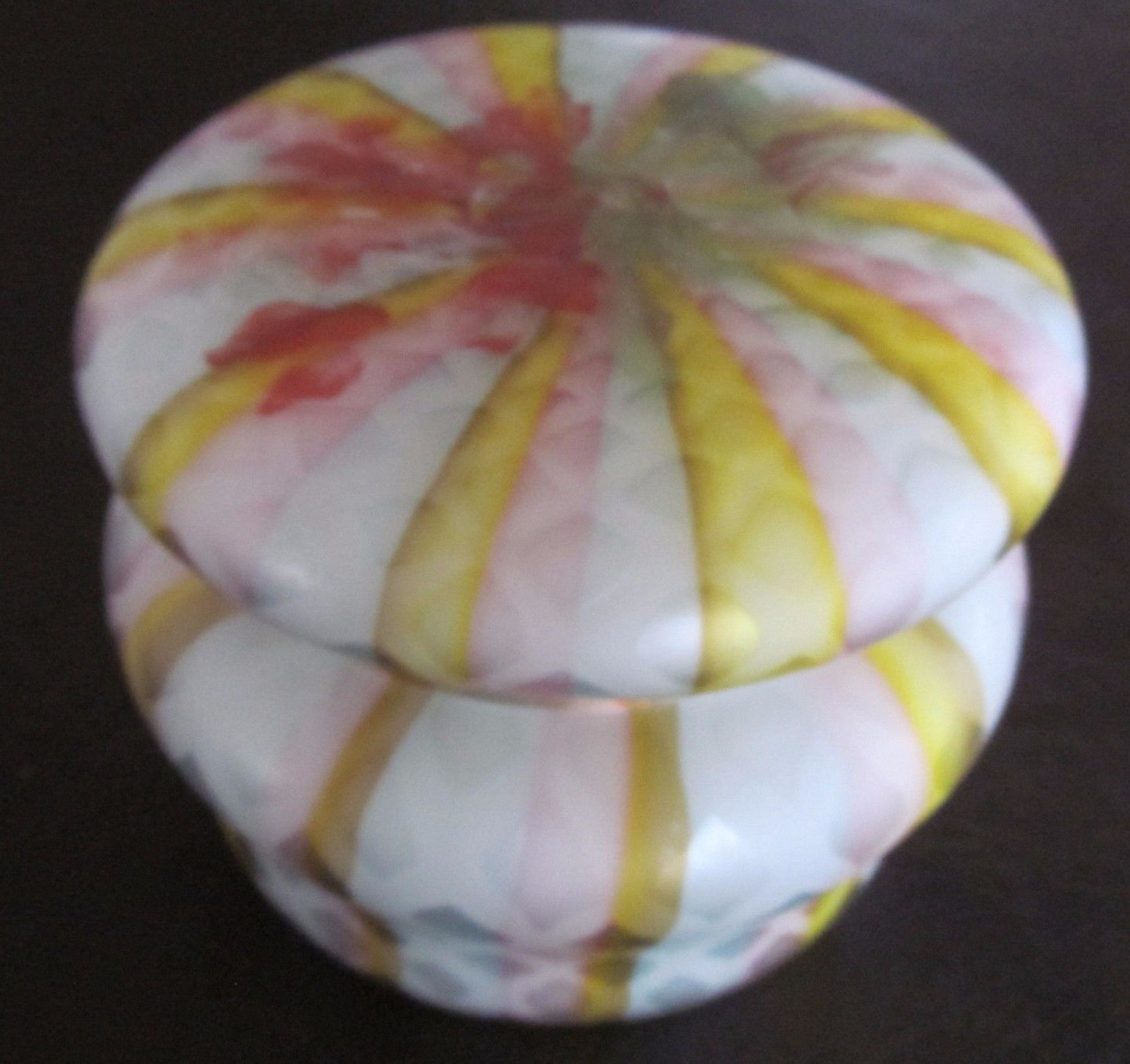 SANDWICH SATIN GLASS TRINKET BOX WITH COLORFUL SWIRLED PATTERNS