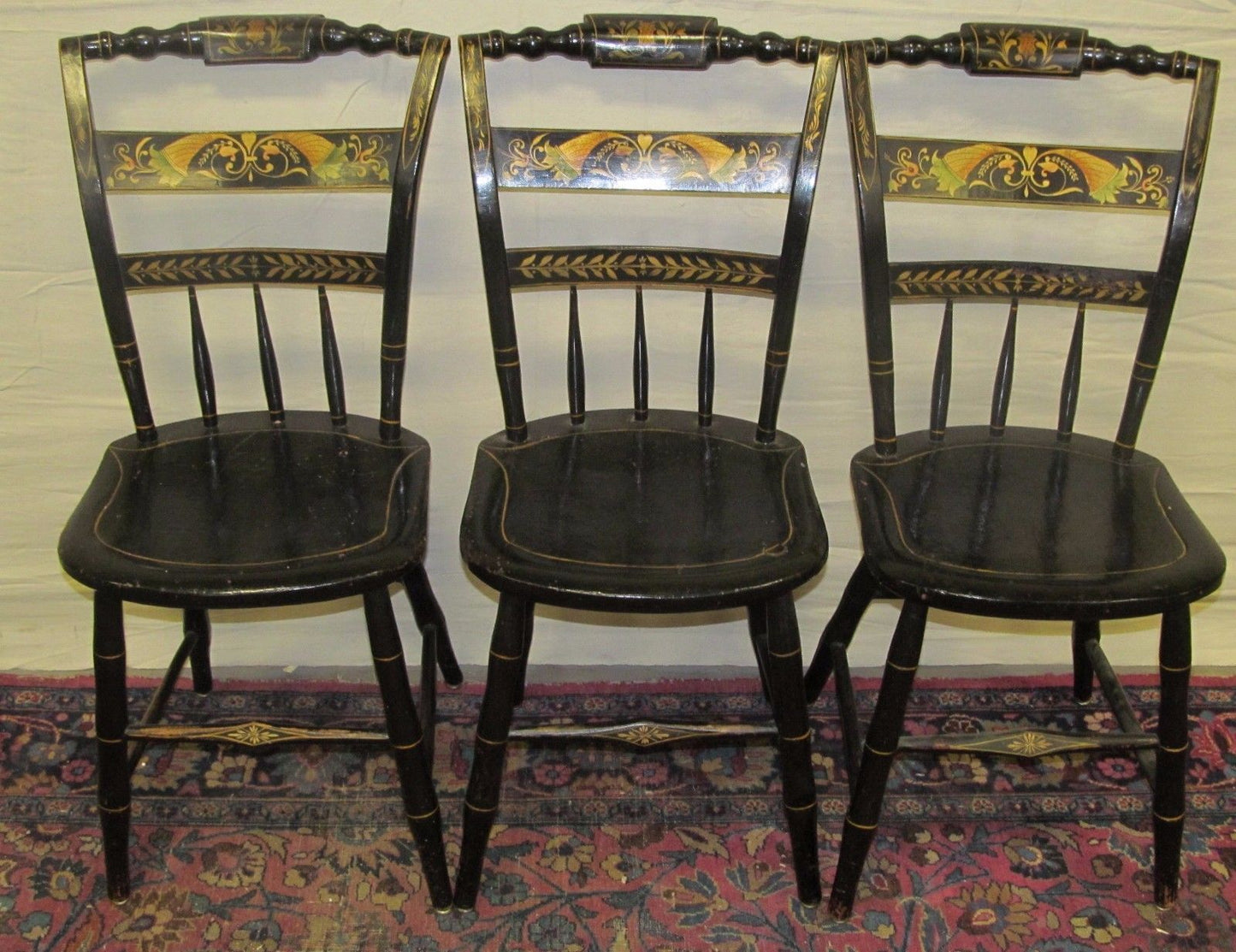 SET OF SIX SHERATON WINDSOR PILLOWBACK FANCY CHAIRS WITH PAINT STENCILED DESIGNS