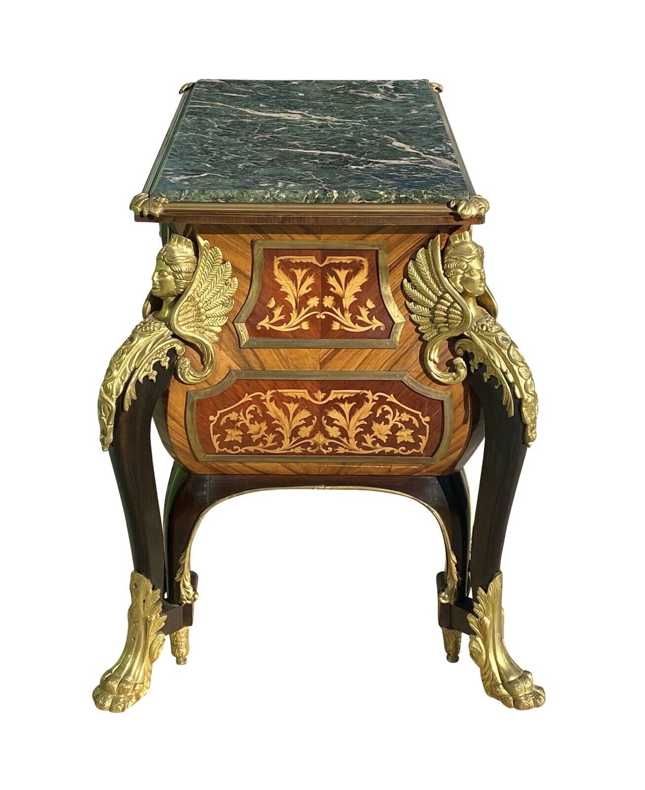 French Louis Xiv Style Walnut Marble Top Bombe Commode With Fire Gilded Accents