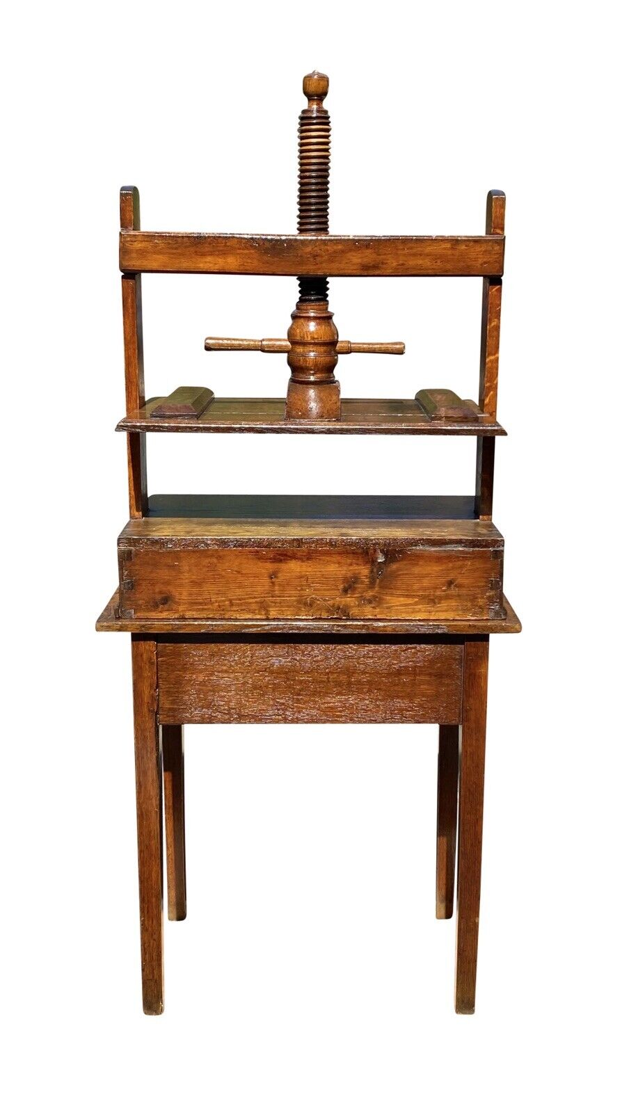 18th C Antique English Tiger Oak Book Press on Stand With 2 Drawers
