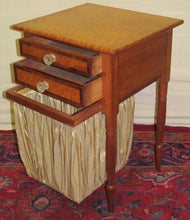 Load image into Gallery viewer, IMPORTANT FEDERAL PERIOD BIRDS EYE MAPLE SEWING TABLE W/ PLEATED FABRIC BAG-LOOK