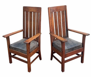 PAIR OF ANTIQUE ARTS & CRAFTS MISSION OAK BILLIARDS CHAIRS