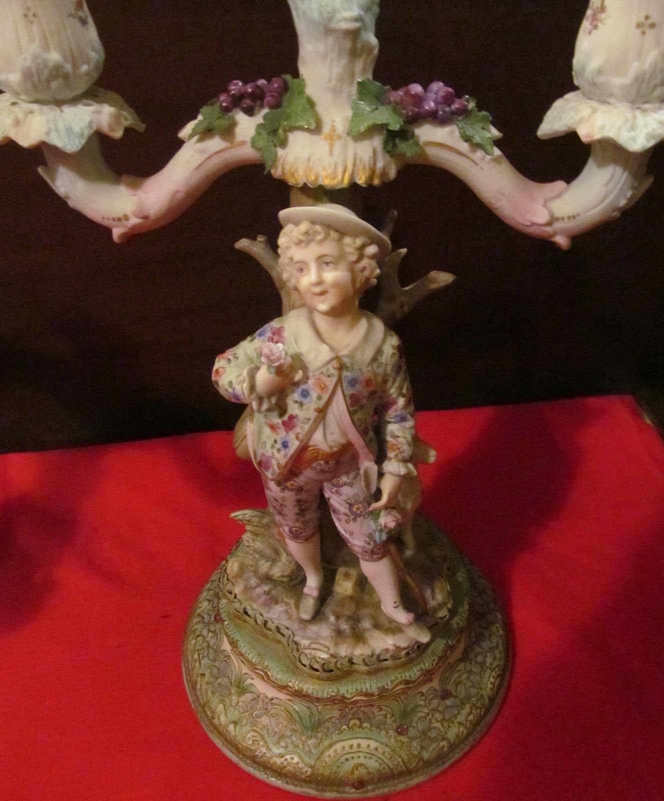 PAIR-DRESDEN FIGURAL CANDELABRA-COURTING COUPLE WITH LAMBS