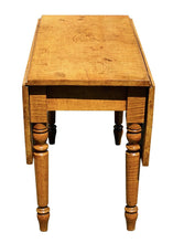 Load image into Gallery viewer, 19TH C ANTIQUE COUNTRY PRIMITIVE TIGER MAPLE DROP LEAF DINING TABLE