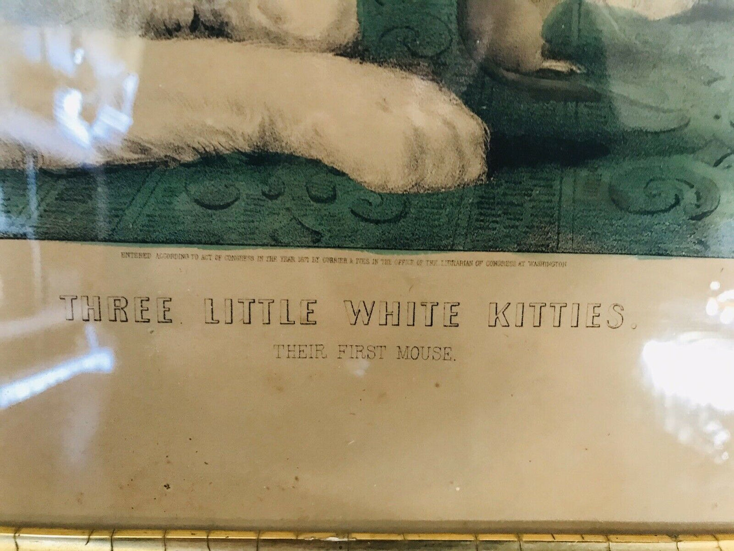 19TH C ANTIQUE CURRIER & IVES THREE WHITE KITTIES - THEIR FIRST MOUSE LITHOGRAPH