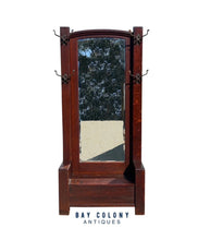 Load image into Gallery viewer, Antique Arts &amp; Crafts Tiger Oak Mirrored Hall Tree / Entryway Bench