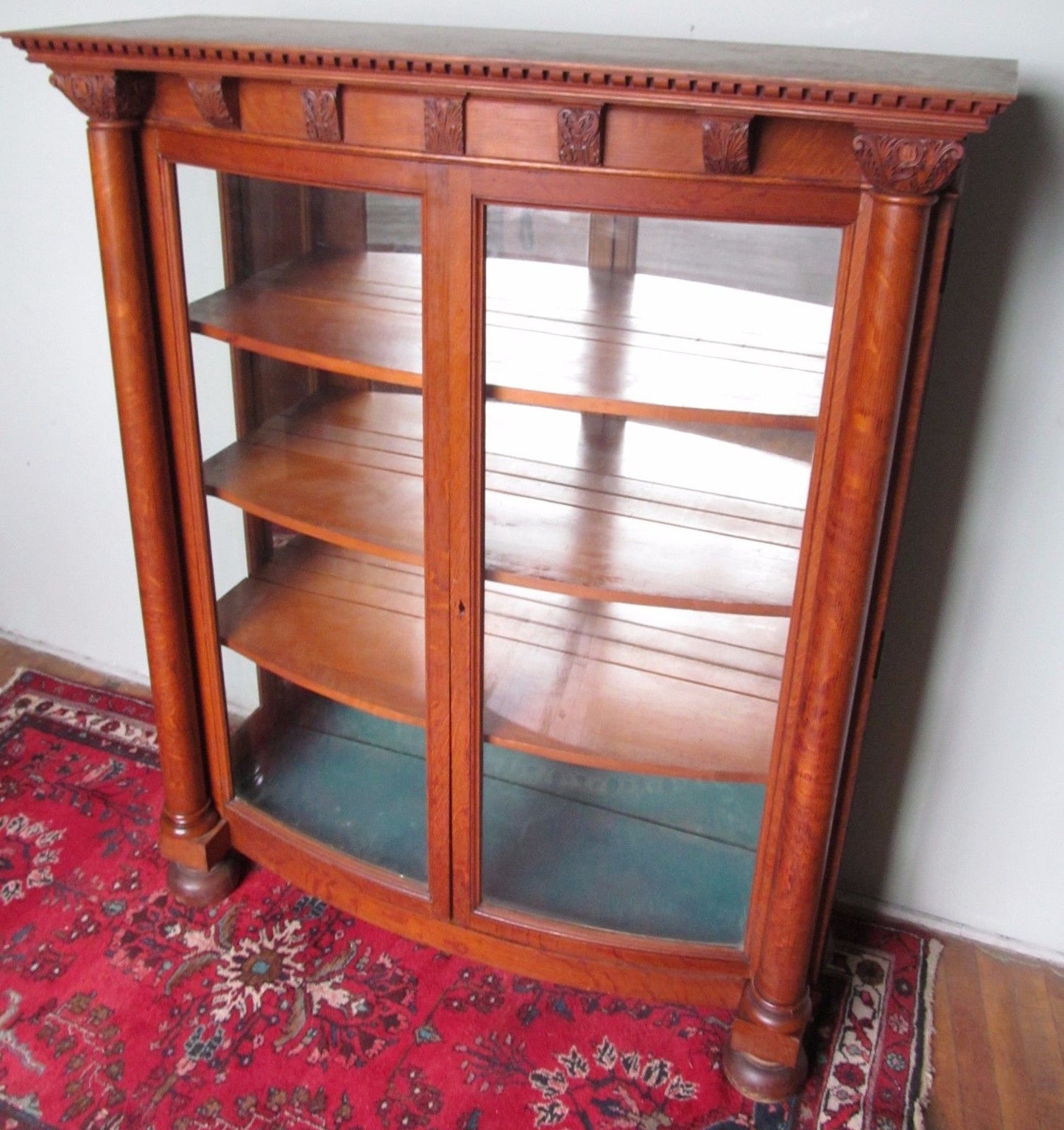 19TH CENTURY VICTORIAN CARVED OAK CURVED GLASS CHINA CABINET - PAINES FURNITURE