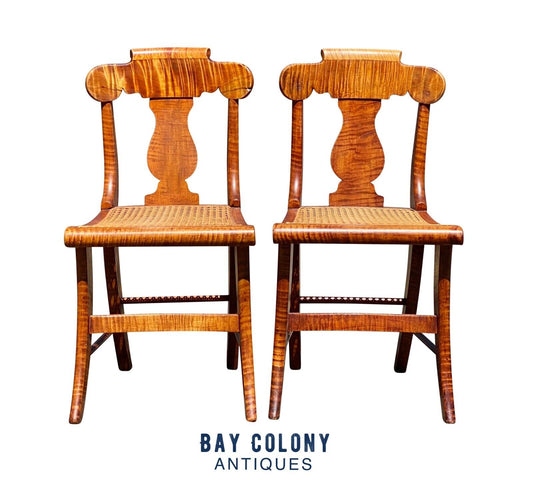 19TH C PAIR OF ANTIQUE FEDERAL PERIOD TIGER MAPLE SABER LEG CHAIRS - CURLY MAPLE