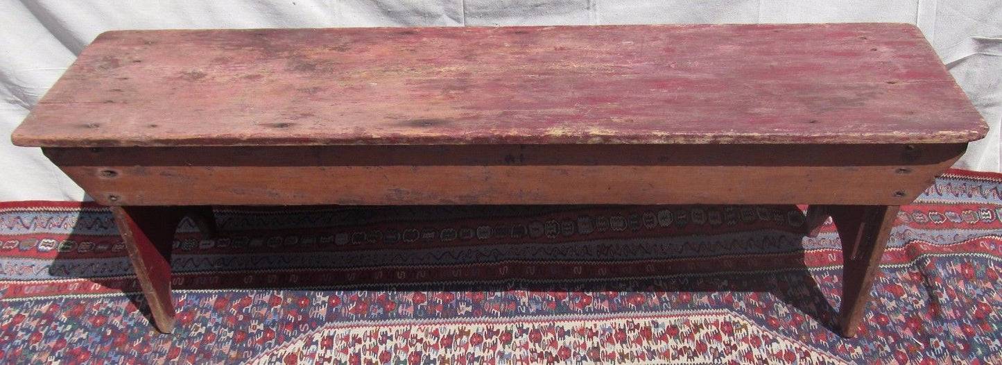 19TH CENTURY NEW ENGLAND PINE BUCKET BENCH IN OLD RED PAINT