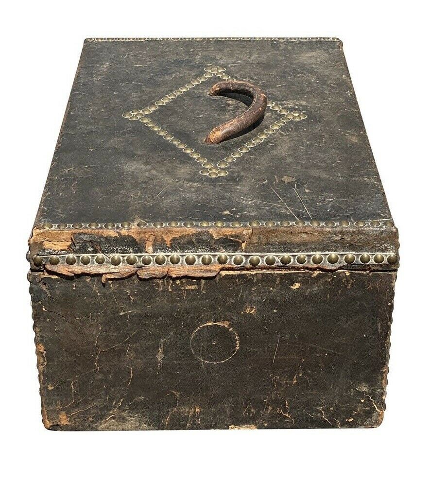 19TH C ANTIQUE BOSTON NATHAN NEAT LEATHER TRUNK / STAGECOACH BOX ~ INITIALS WF