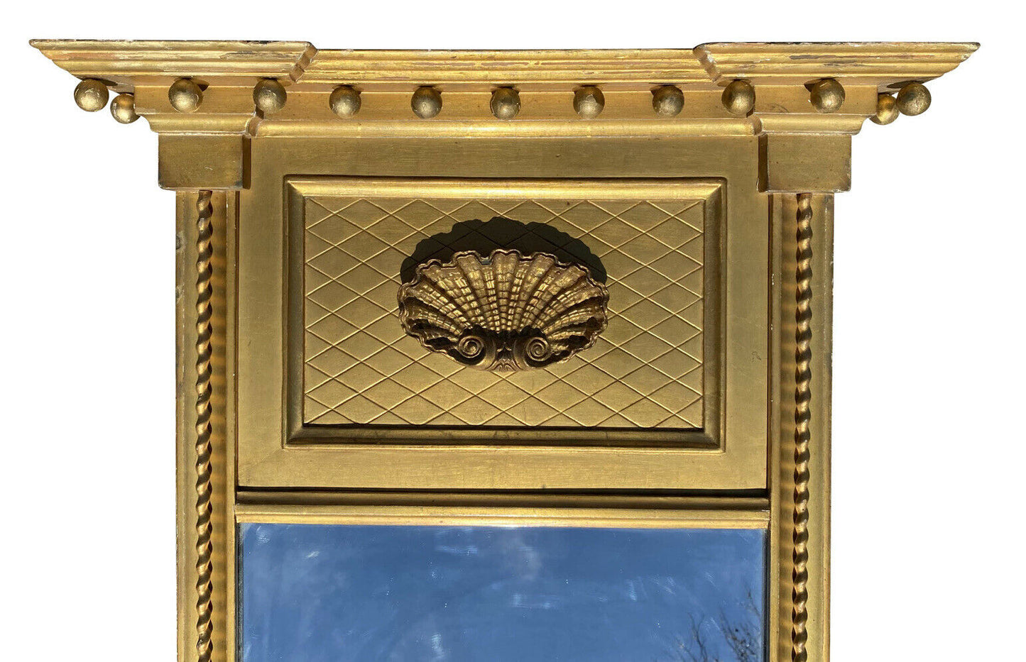 20TH C FEDERAL ANTIQUE STYLE SHELL CARVED BORGHESE GOLD TABERNACLE MIRROR