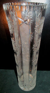 15" CUT WITH ETCHED PANEL CYLINDRICAL LEADED CRYSTAL VASE