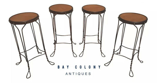 20TH C ANTIQUE SET OF 4 WROUGHT IRON & WALNUT ICE CREAM PARLOR STOOLS ~ CLEAN