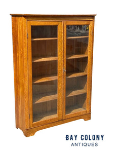 20th C Antique Tiger Oak Larkin Double Glass Door Bookcase / China Cabinet