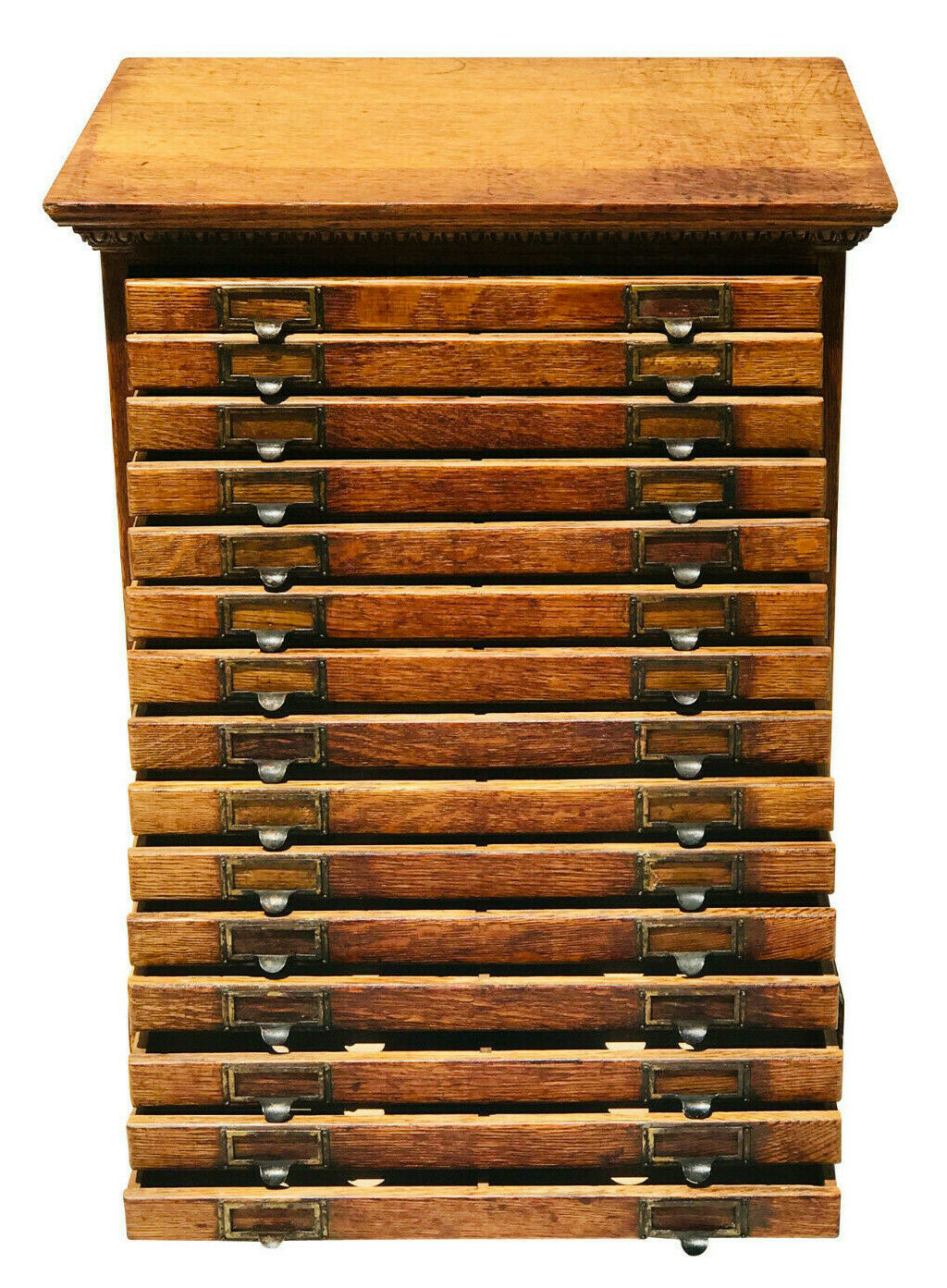 19th C ANTIQUE VICTORIAN TIGER OAK 15 DRAWER INDUSTRIAL HARDWARE / FILE CABINET