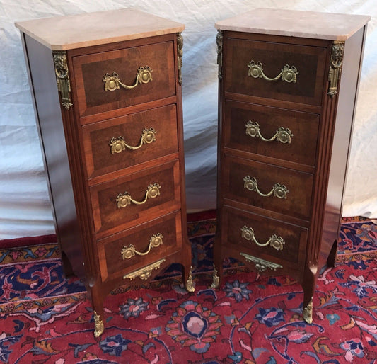 FINELY ADORNED PAIR OF FRENCH MARBLE TOPPED LINGERIE CHESTS WITH ORNAMENTATIONS