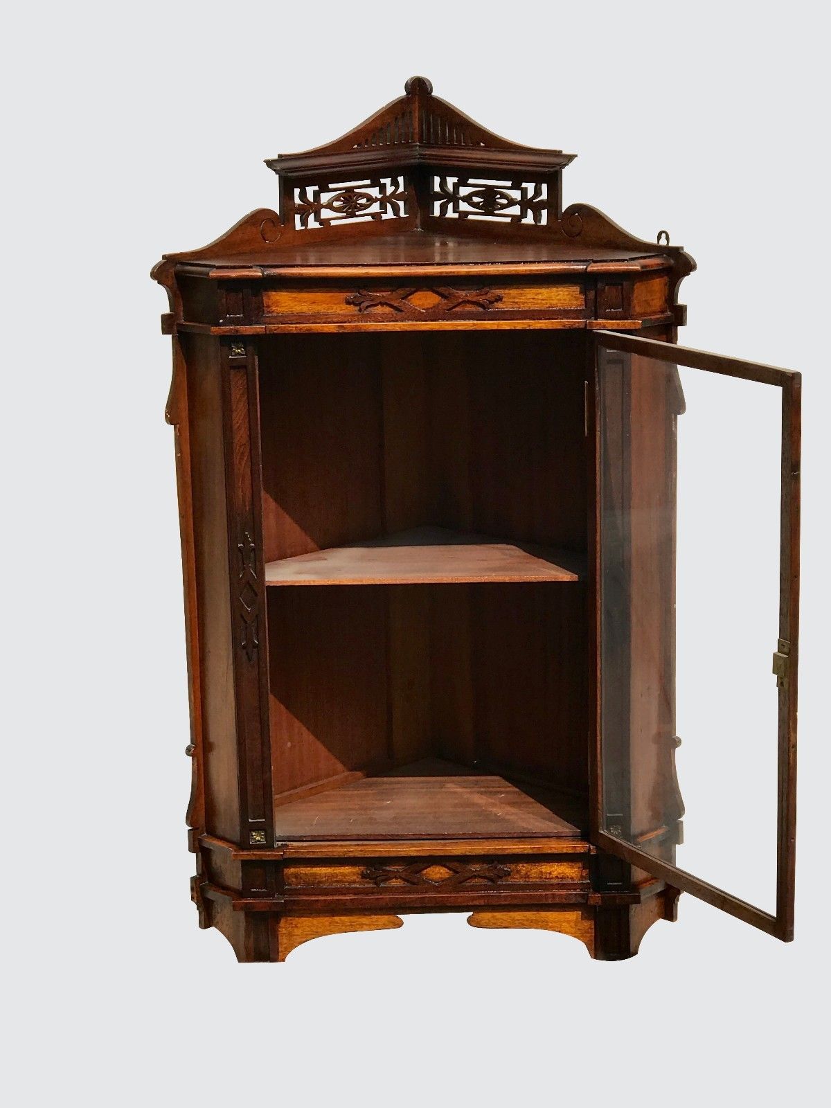 19TH C. VICTORIAN WALNUT HANGING CORNER CABINET W/ FRETWORK GALLERY & GLASS DOOR