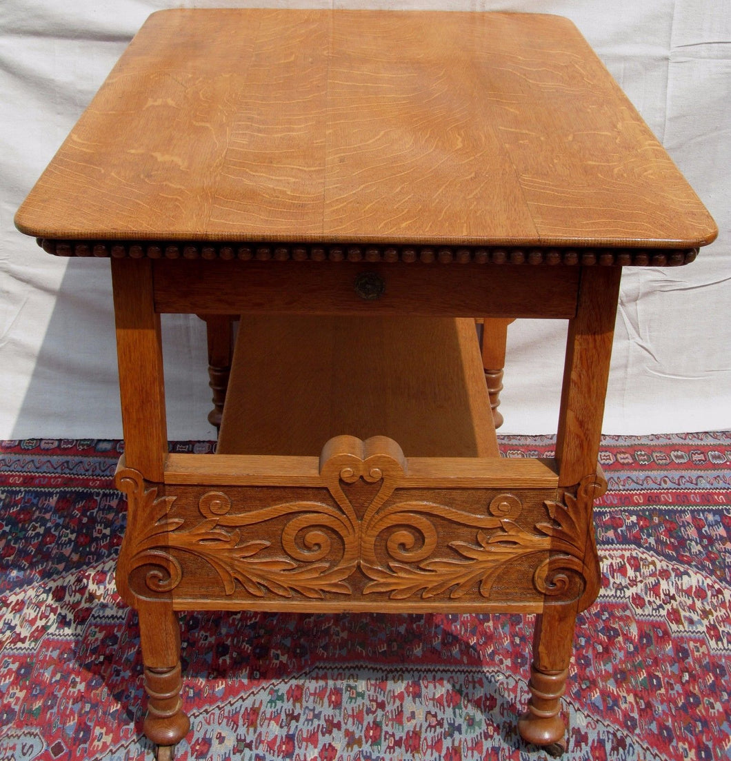VICTORIAN SOLID TIGER OAK CARVED PASTRY TABLE - SUPERIOR CARVING & DECORATIONS