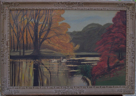 OIL ON CANVAS LANDSCAPE WITH SWANS ON LAKE